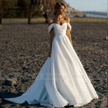 אלגנטי פשוט בוהו סאטן את כתף חתונה שמלה לנשים ללא משענת קו החוף כלה שמלת Vestido De נוביה בהזמנה אישית